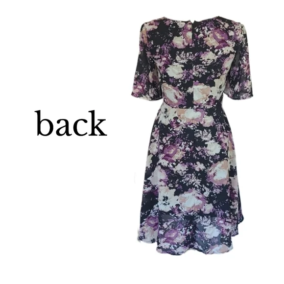 Retro Purple Black Cream Floral Print Short Sleeve Dress - Picture 2 of 5